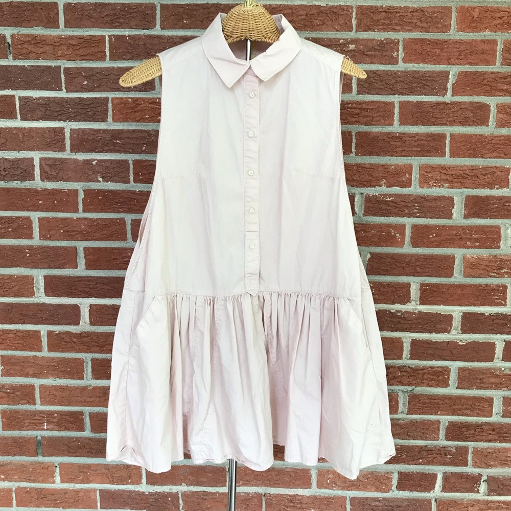 Free People Sleeveless Pink Button Up Dress Oversized Arm Holes Collared Size S